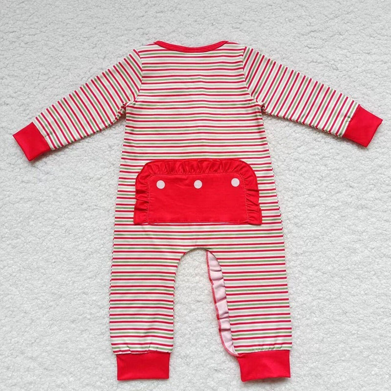 LR0441 Embroidered Santa Claus red and green striped lace zipper long sleeve jumpsuit