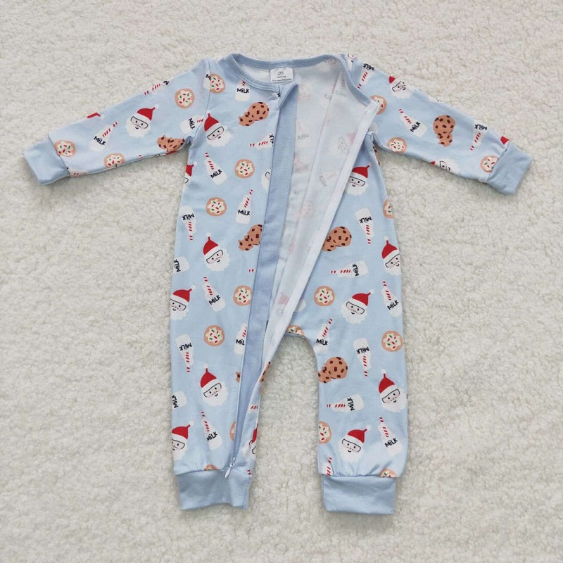 LR0472 Milk biscuits Santa Claus blue zipper long -sleeved jacket