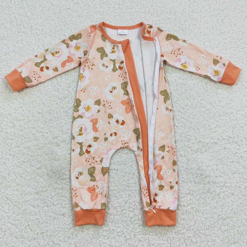 LR0476 Floral Orange Zip Long Sleeve Bodysuit