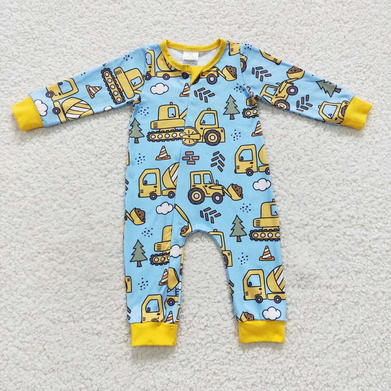 LR0492 Construction Vehicle Excavator Blue Yellow Zipper Long Sleeve Jumpsuit