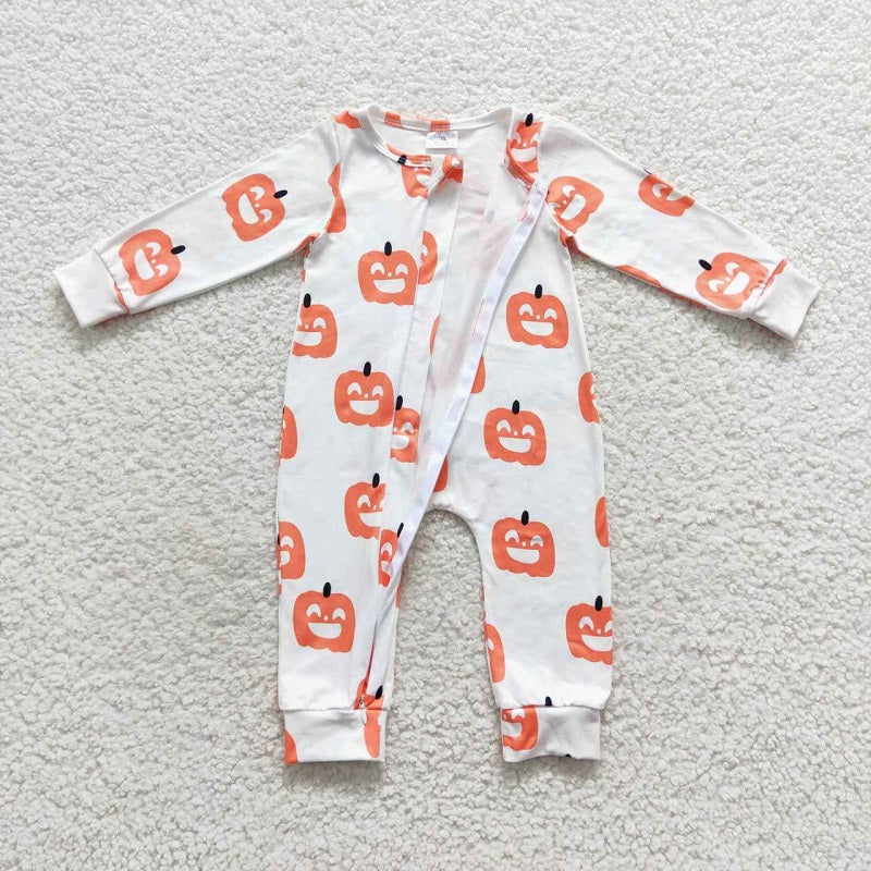 LR0495 Smile Pumpkin White Zip Long Sleeve Bodysuit