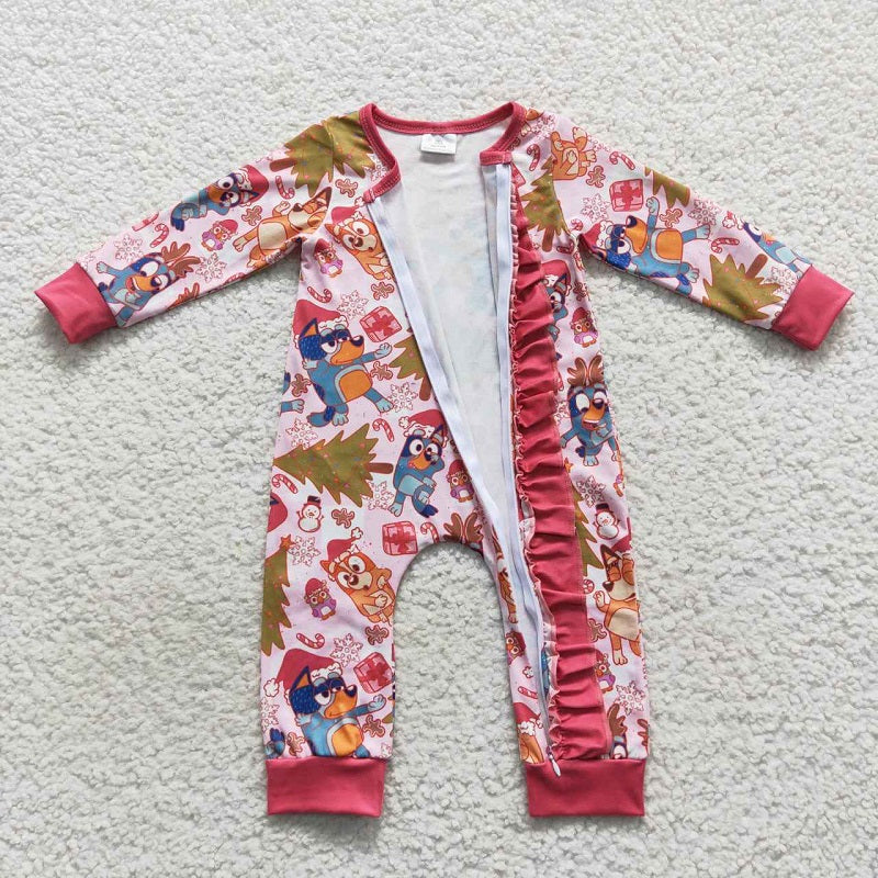 LR0512 Girls Christmas Cartoon Dog Red Long Sleeve Bodysuit Romper