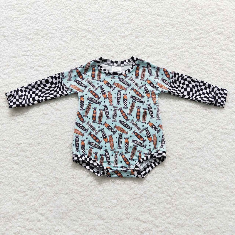 LR0543 Skateboard Smile Teal Long Sleeve Bodysuit