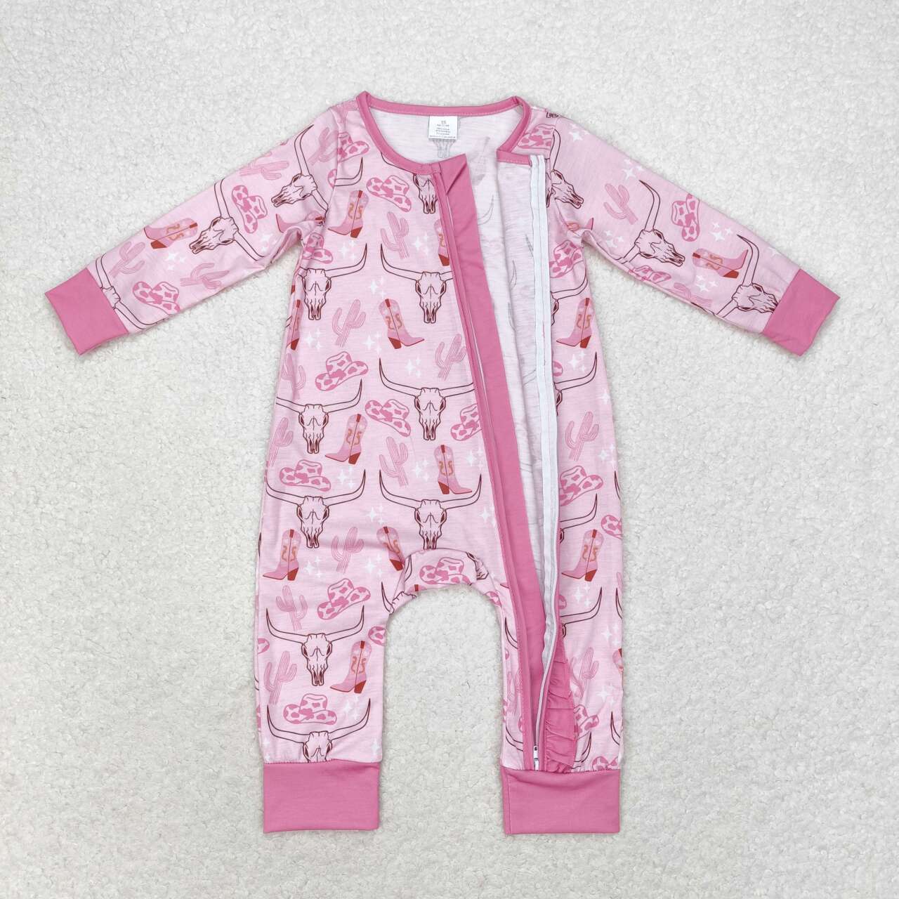 LR0689 Bamboo Alpine Bull Head Cowboy Hat Boots Pink Lace Zipper Long Sleeve Bodysuit