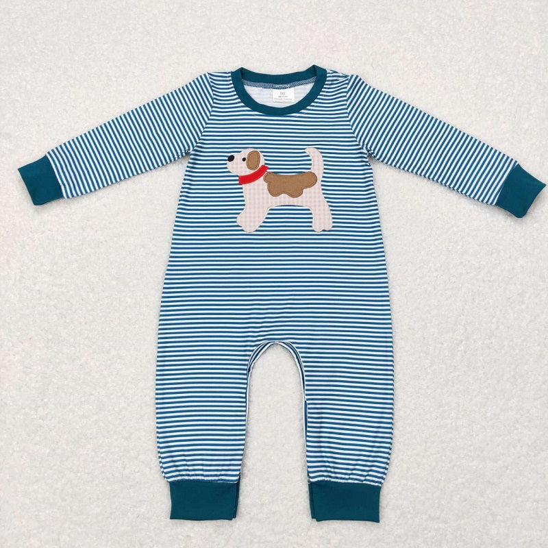 LR0727 Embroidered plaid puppy blue and white striped long-sleeved jumpsuit