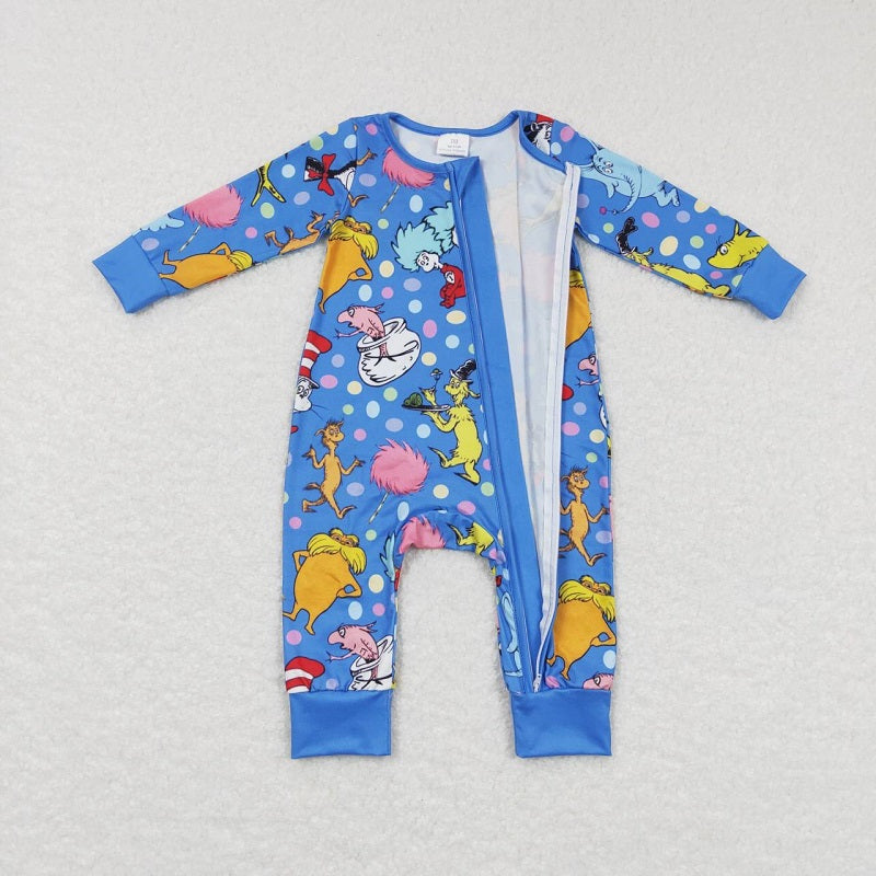 LR0784 Cartoon colorful polka dot blue zipper long sleeve jumpsuit