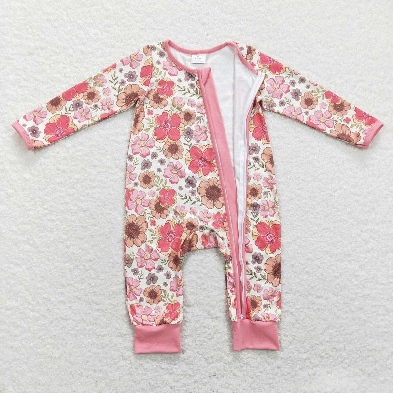 LR0895 Flower pink zipper long -sleeved clothes romper