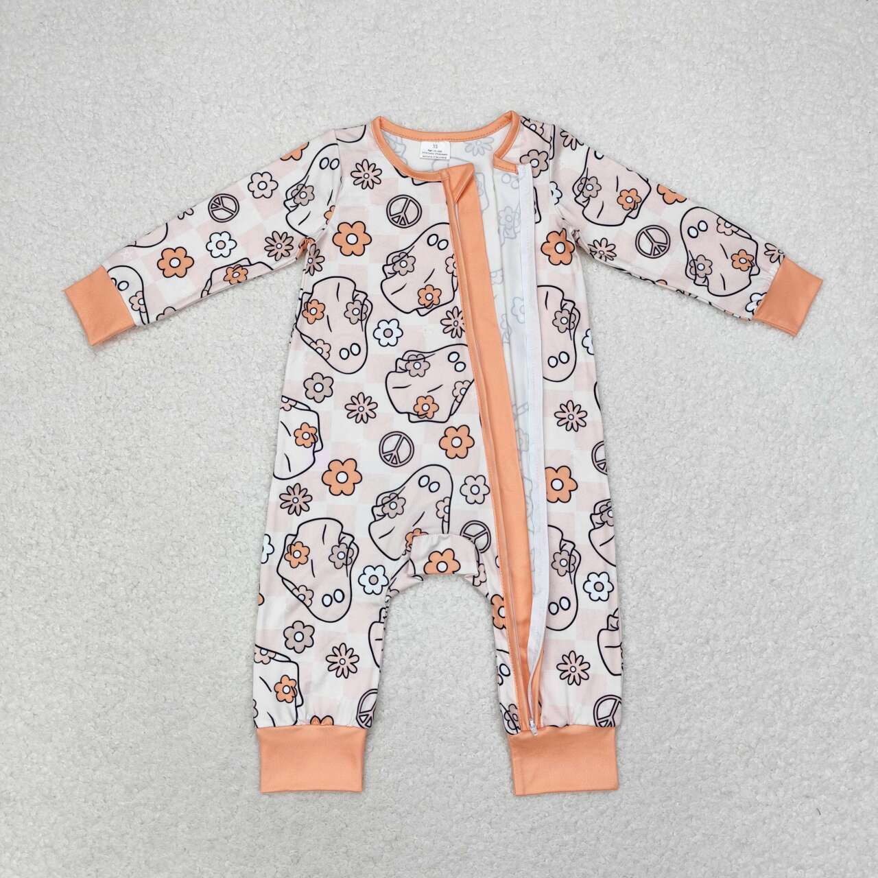 LR0981 Ghost Flower Plaid Orange Zipper Long Sleeve Bodysuit