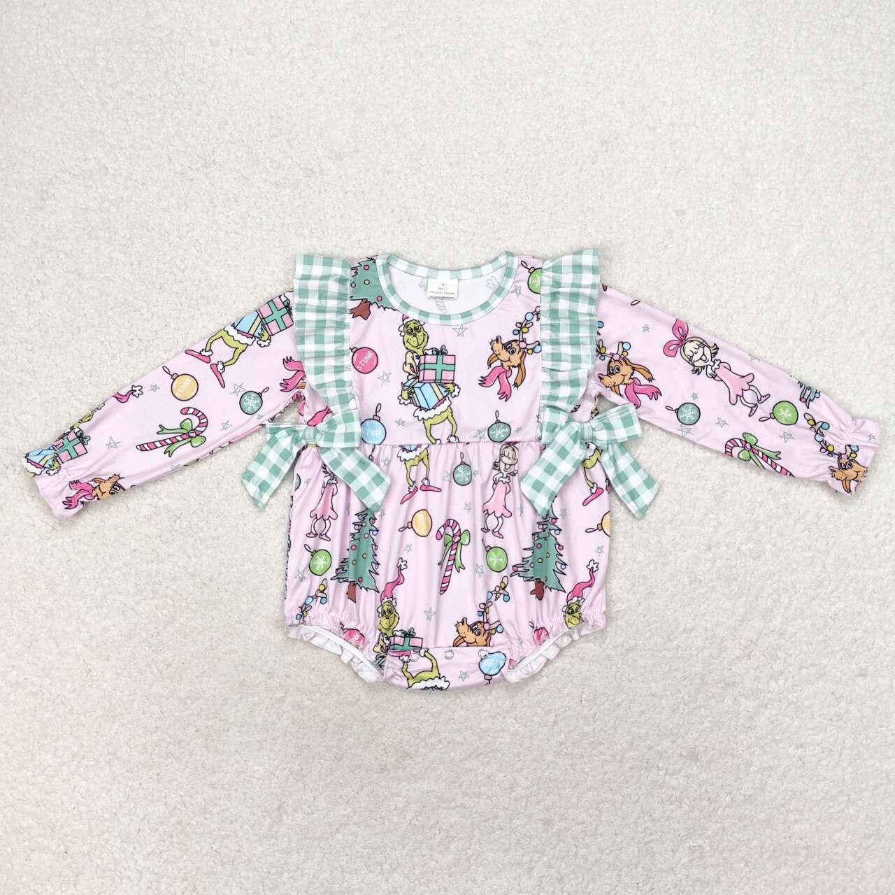 LR0998 Christmas Gift Green Plaid Bow Pink Long Sleeve Bodysuit