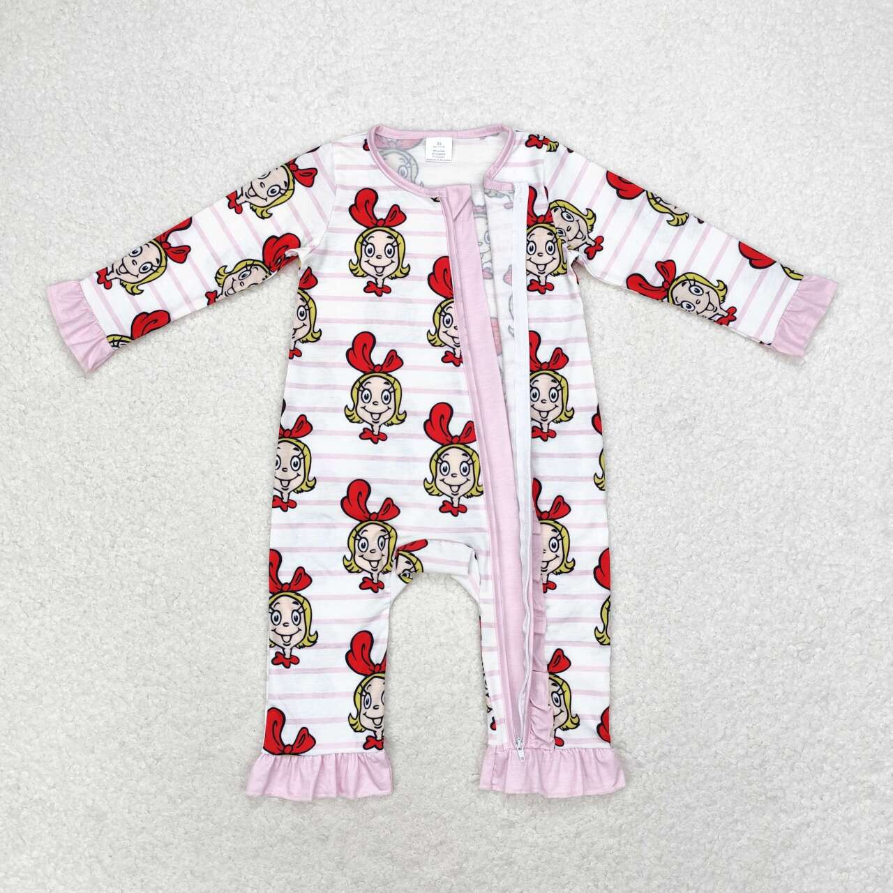 LR1001 Bamboo Girls Pink Striped Lace Zipper Long Sleeve Bodysuit