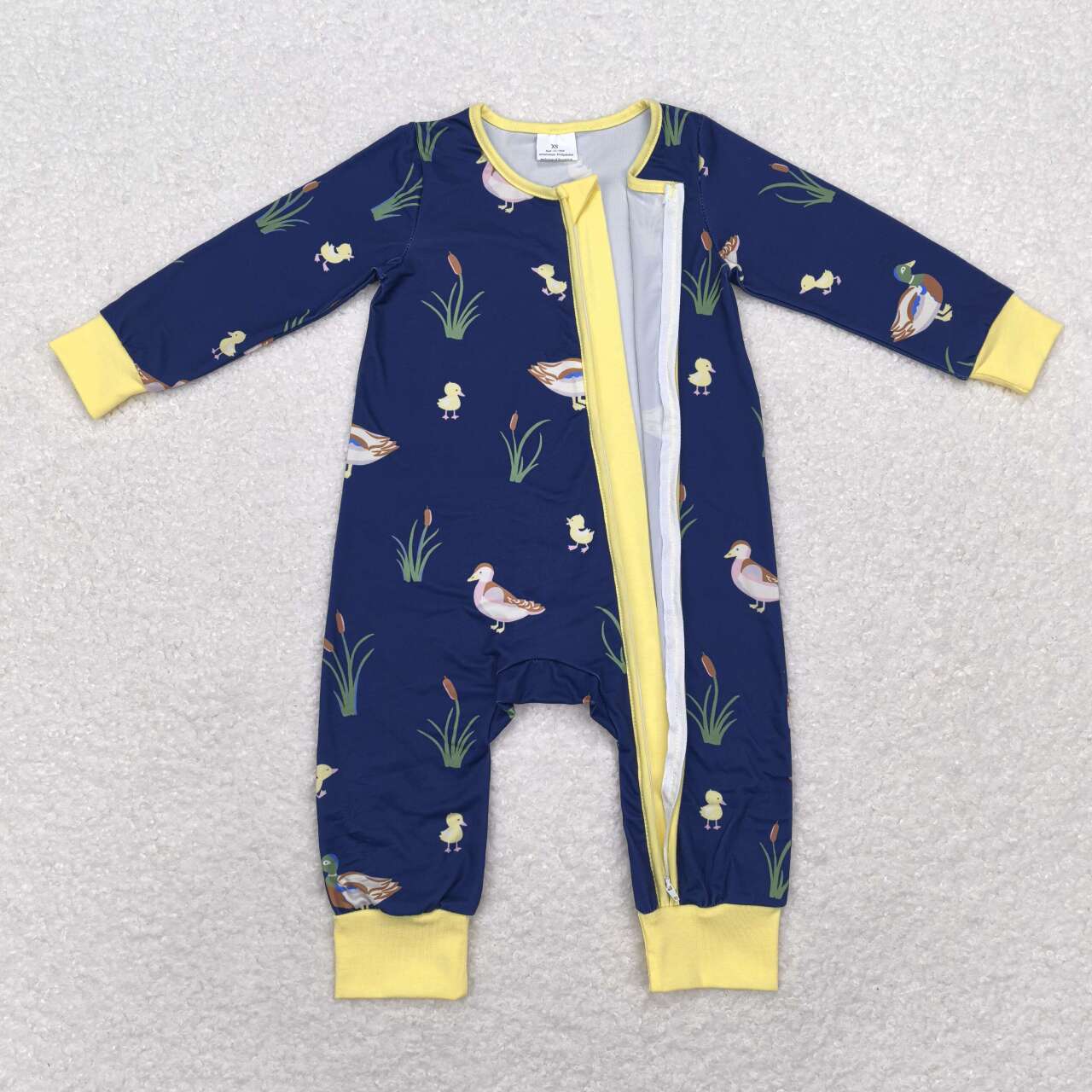 LR1037 Duck yellow trim navy blue zipper long sleeve jumpsuit