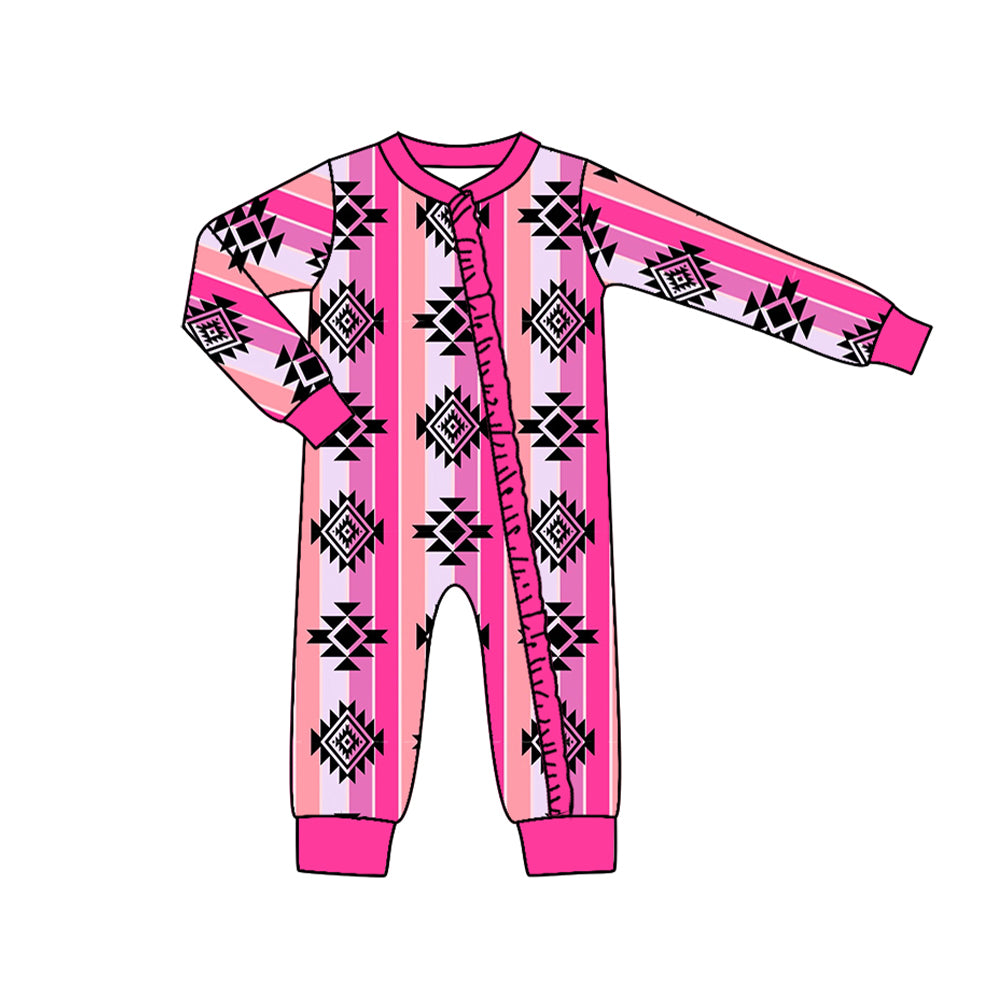presale LR1048 Geometric Pink Striped Lace Zip Long Sleeve Jumpsuit