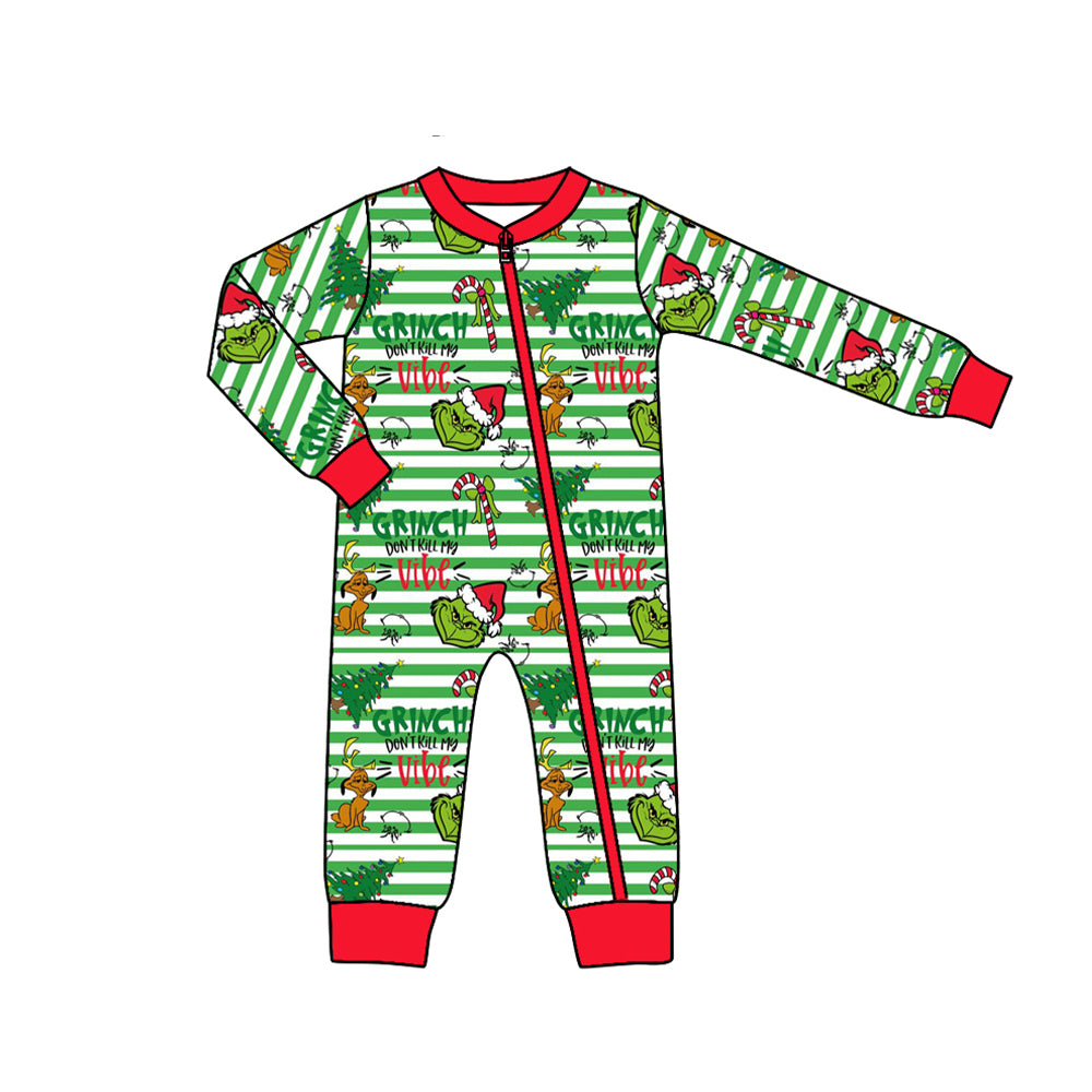 LR1055 Puppy Christmas Tree Green Stripe Zip Long Sleeve Onesie