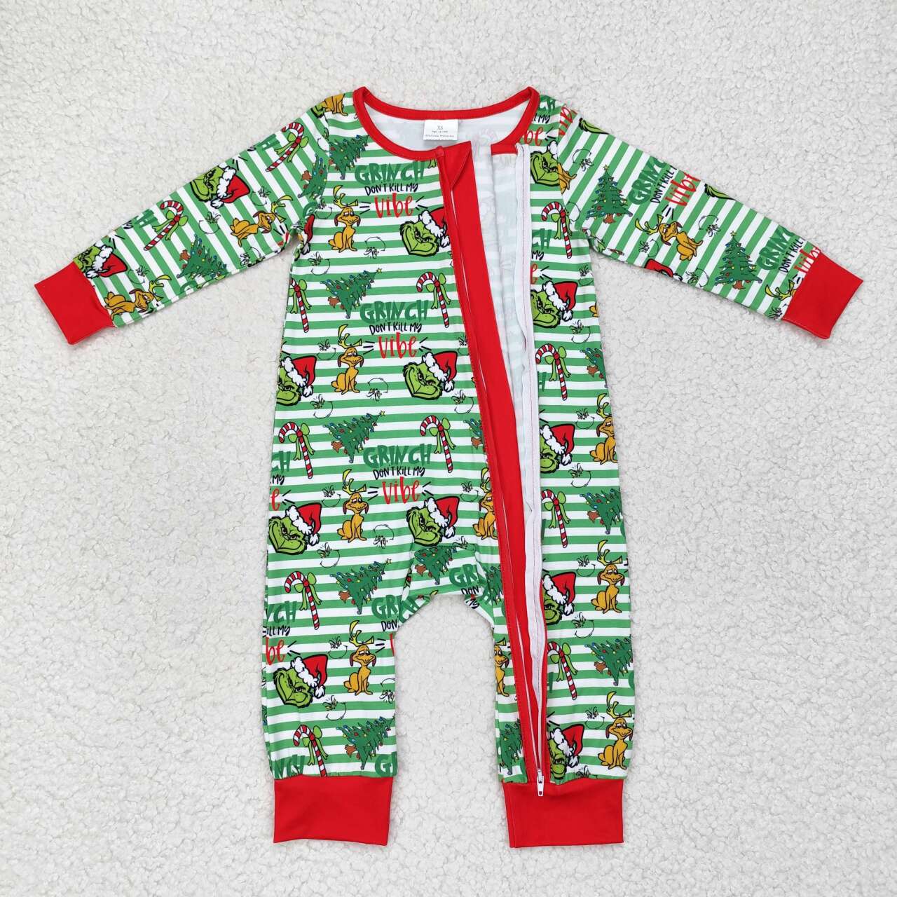 LR1055 Puppy Christmas Tree Green Stripe Zip Long Sleeve Onesie