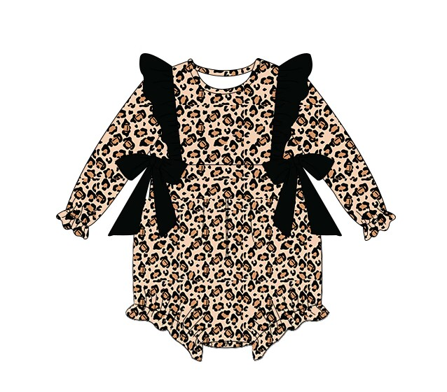 LR1071 Leopard print black bow long sleeve jumpsuit
