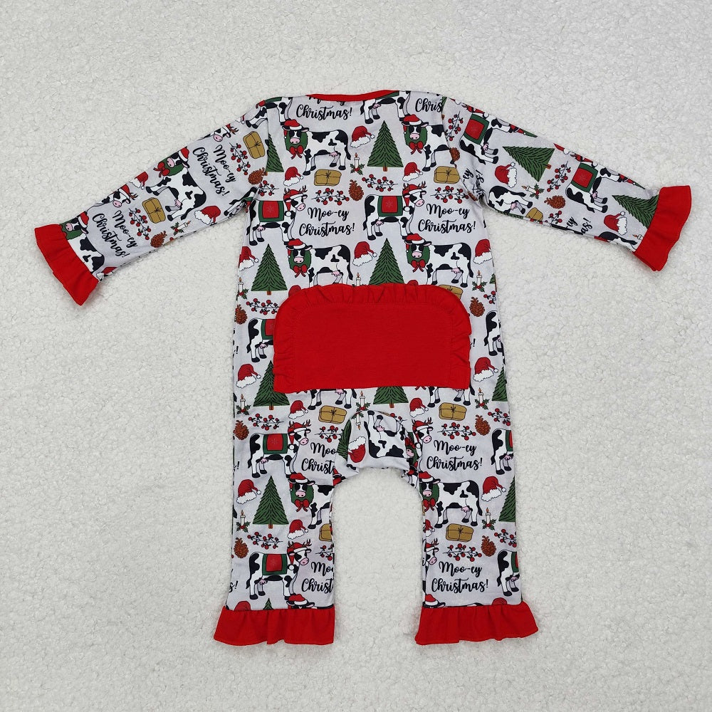 LR1074 Christmas Tree Cow Gray Red Lace Zipper Long Sleeve Bodysuit