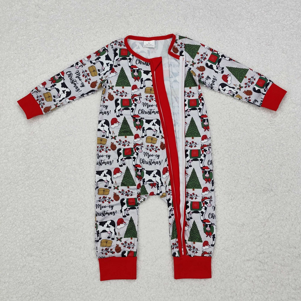 LR1075 Christmas tree cow gray red zipper long sleeve jumpsuit