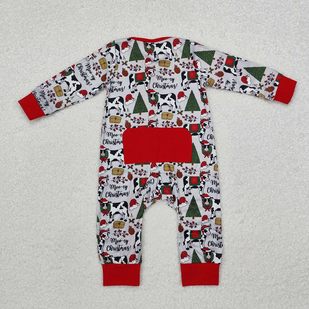 LR1075 Christmas tree cow gray red zipper long sleeve jumpsuit