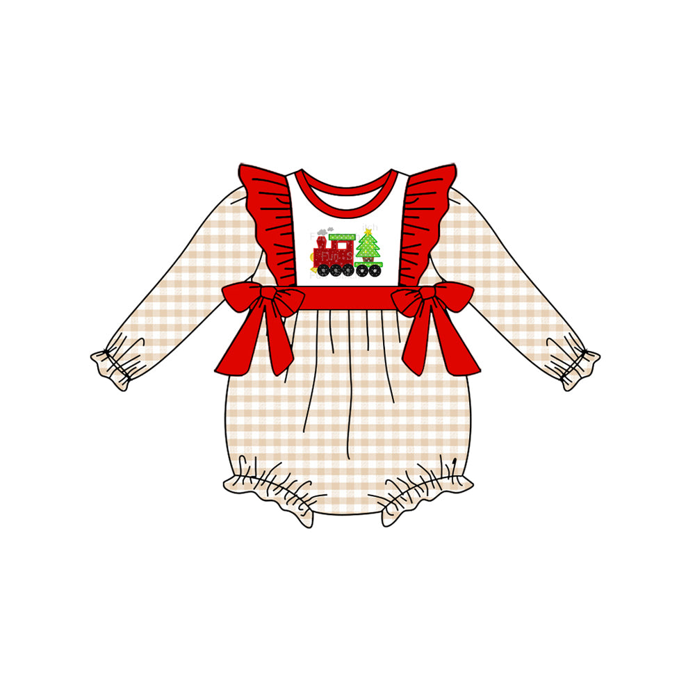 presale LR1086 Christmas Tree Train Plaid Red Lace Bow Long Sleeve Jumpsuit