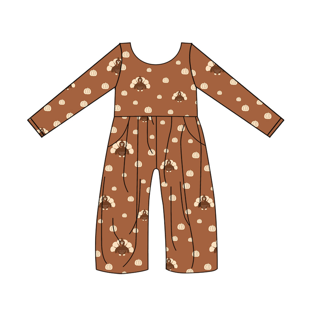 presale LR1138 Turkey Pumpkin Pocket Brown Long Sleeve Bodysuit