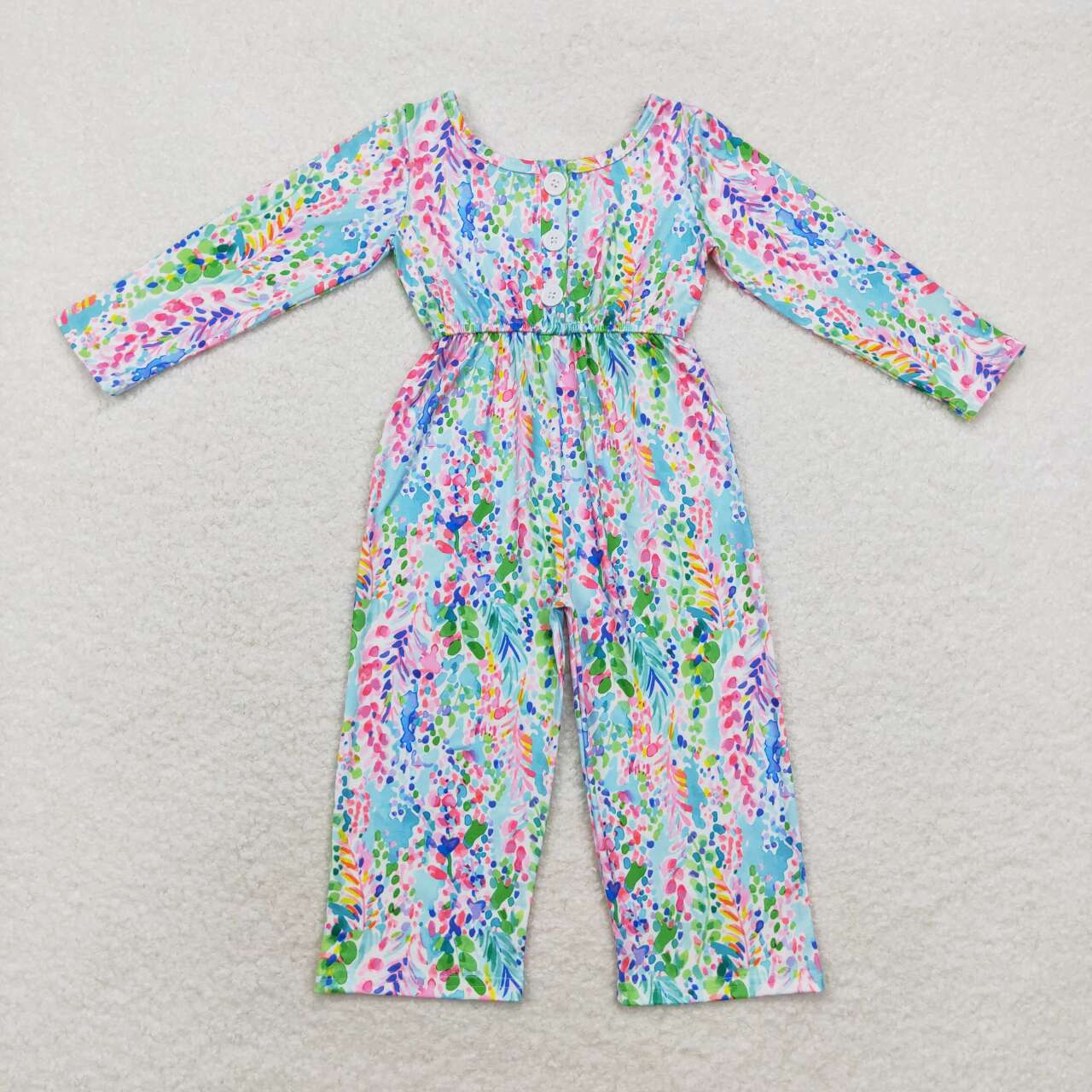 LR1141 Purple Green Rattan Flower Pocket Long Sleeve Bodysuit