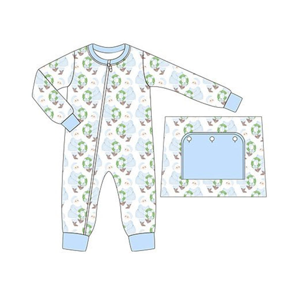 LR1148 Bamboo Blue Santa Wreath Zip-Up Long Sleeve Bodysuit