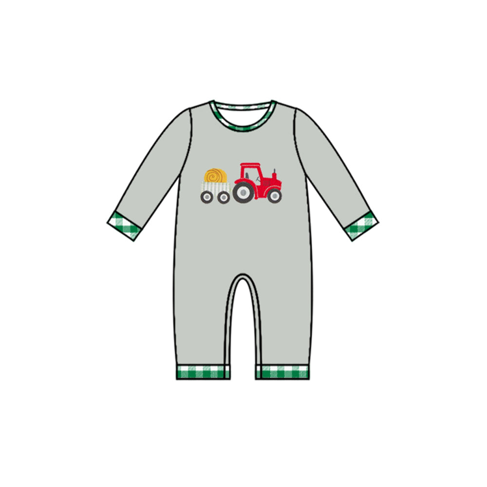 presale LR1181 Red Tractor Green Plaid Grey Long Sleeve Bodysuit