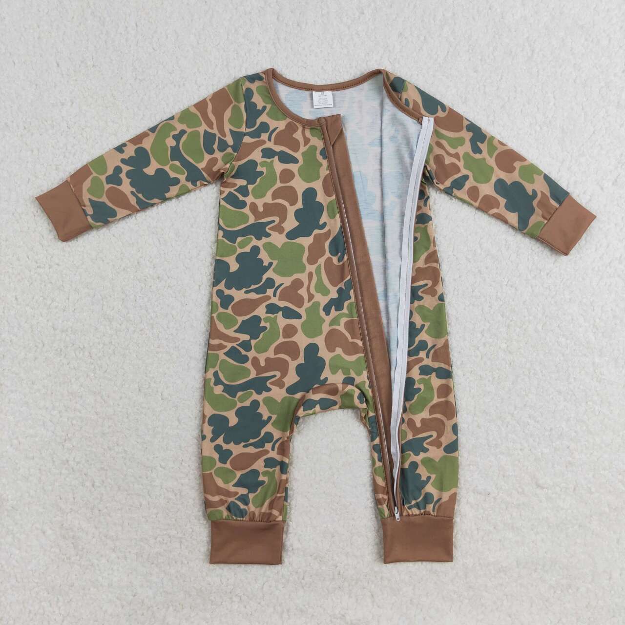 LR1203 Brown Green Camouflage Zipper Long Sleeve Bodysuit