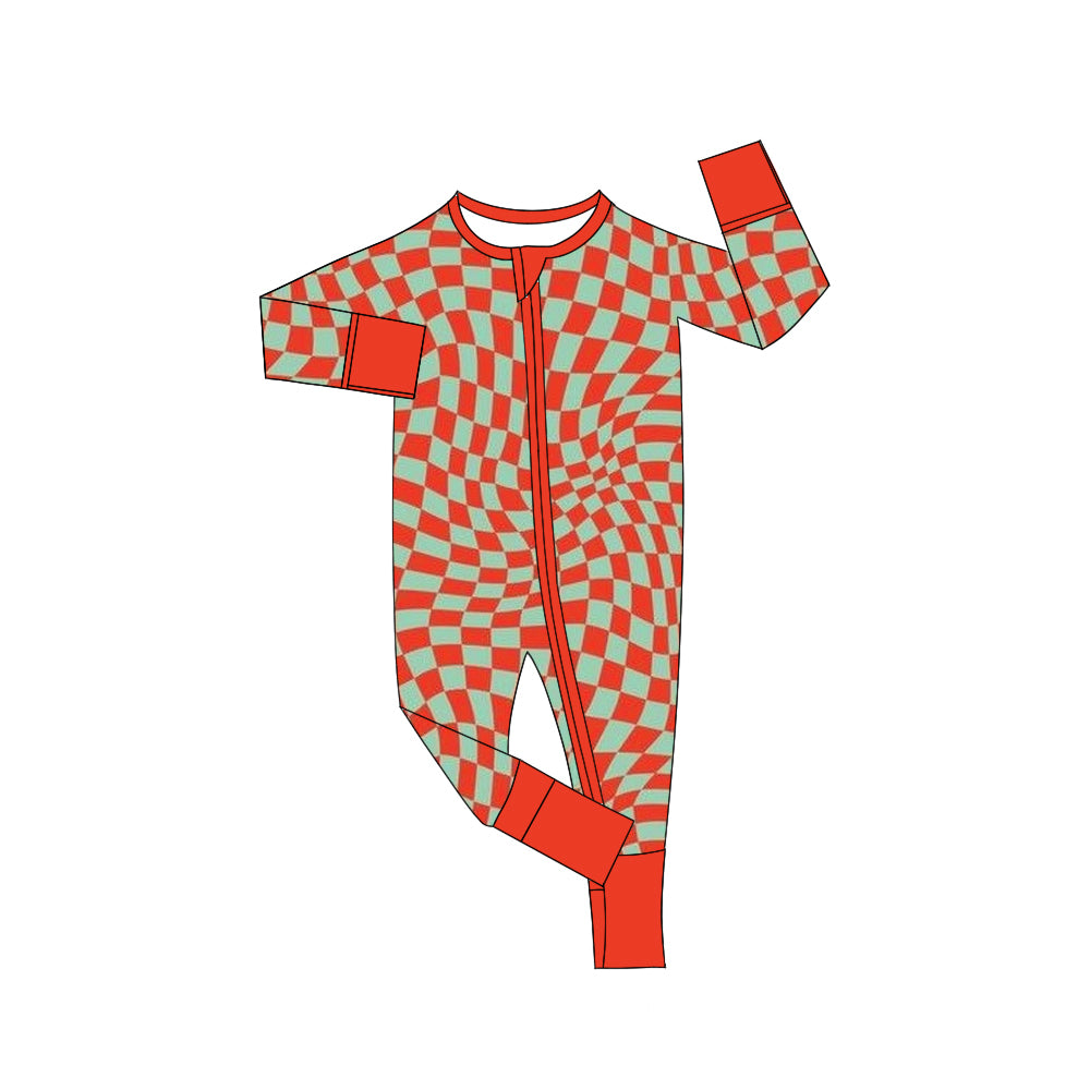 presale LR1207 Christmas Red and Green Plaid Zipper Long Sleeve Bodysuit