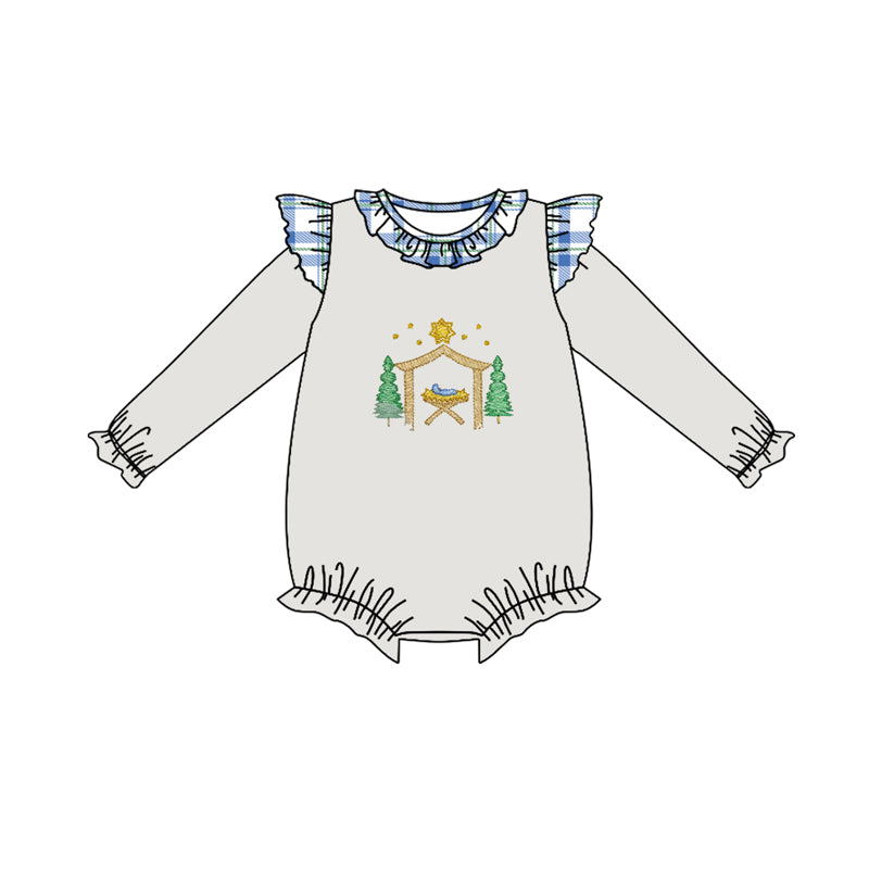 presale LR1223 Christmas Tree Jesus Blue Plaid Light Grey Long Sleeve Bodysuit