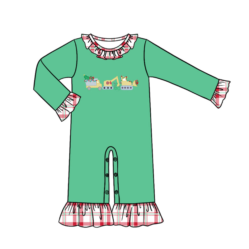 presale LR1234 Christmas Tree Truck Construction Truck Red Plaid Green Long Sleeve Bodysuit
