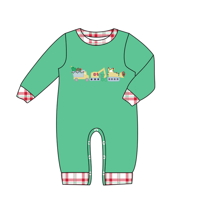 LR1235 Christmas Tree Truck Construction Vehicle Green Long Sleeve Bodysuit