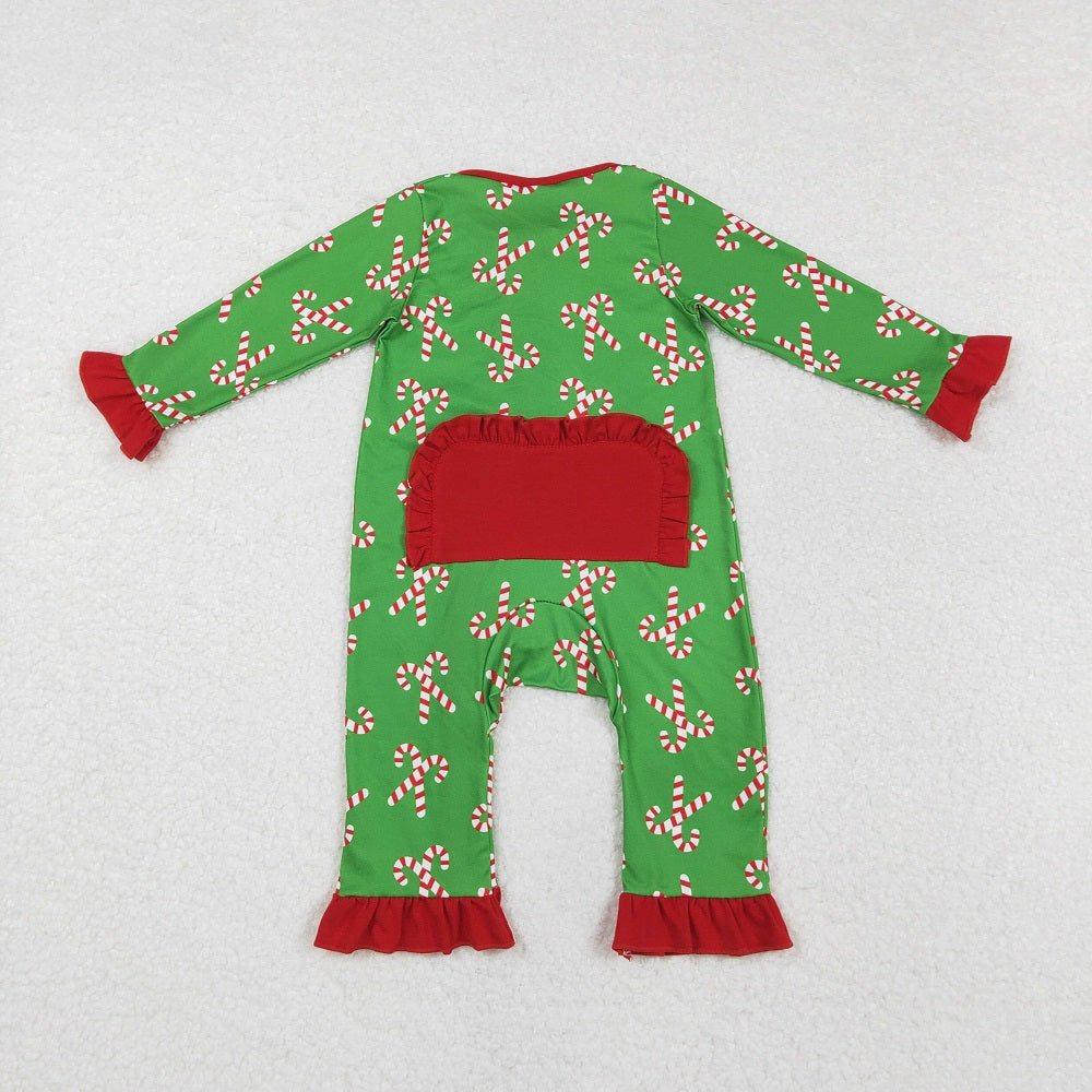 LR1236 Santa Cane Red Lace Green Zipper Long Sleeve Bodysuit