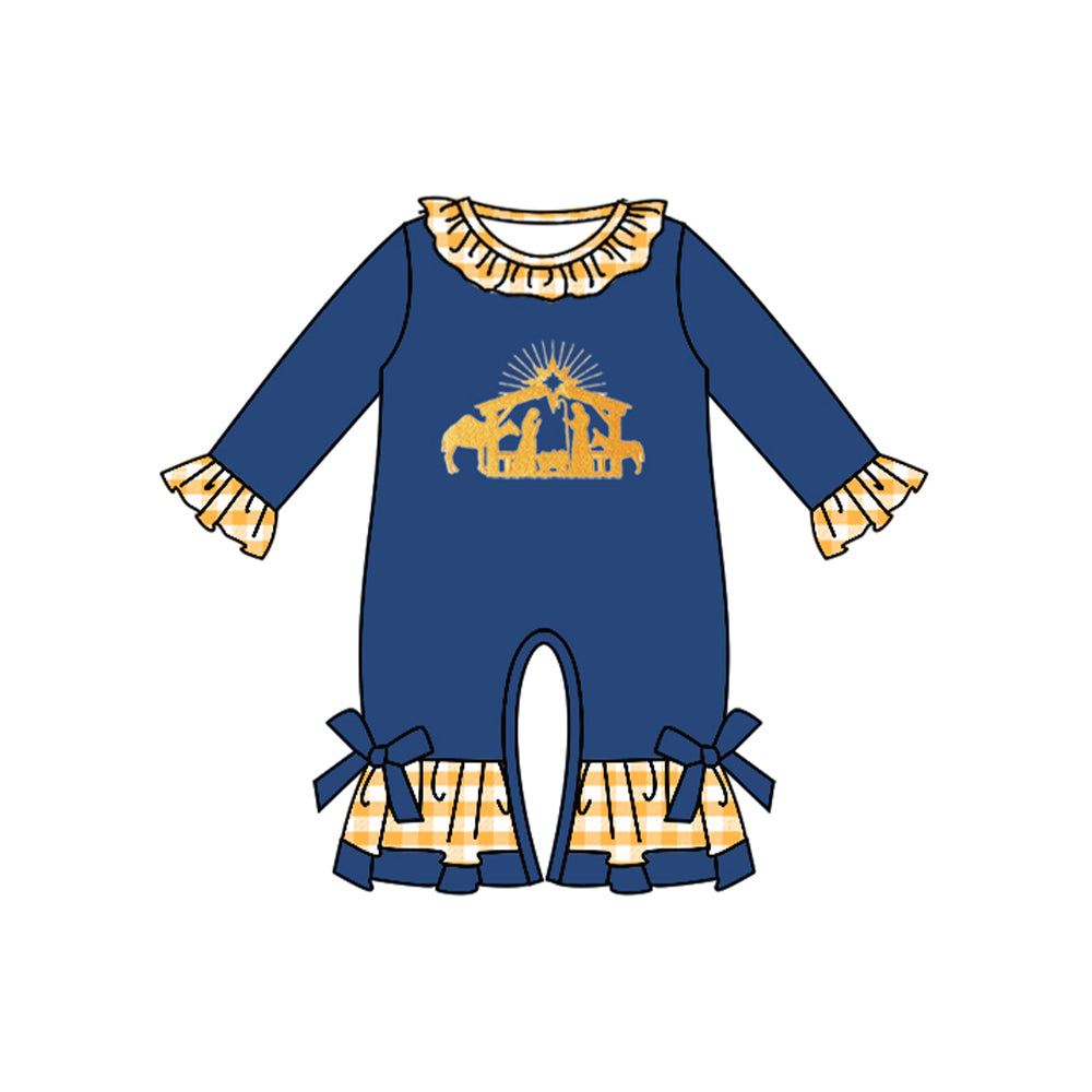 presale LR1244 Jesus Yellow Plaid Navy Long Sleeve Bodysuit