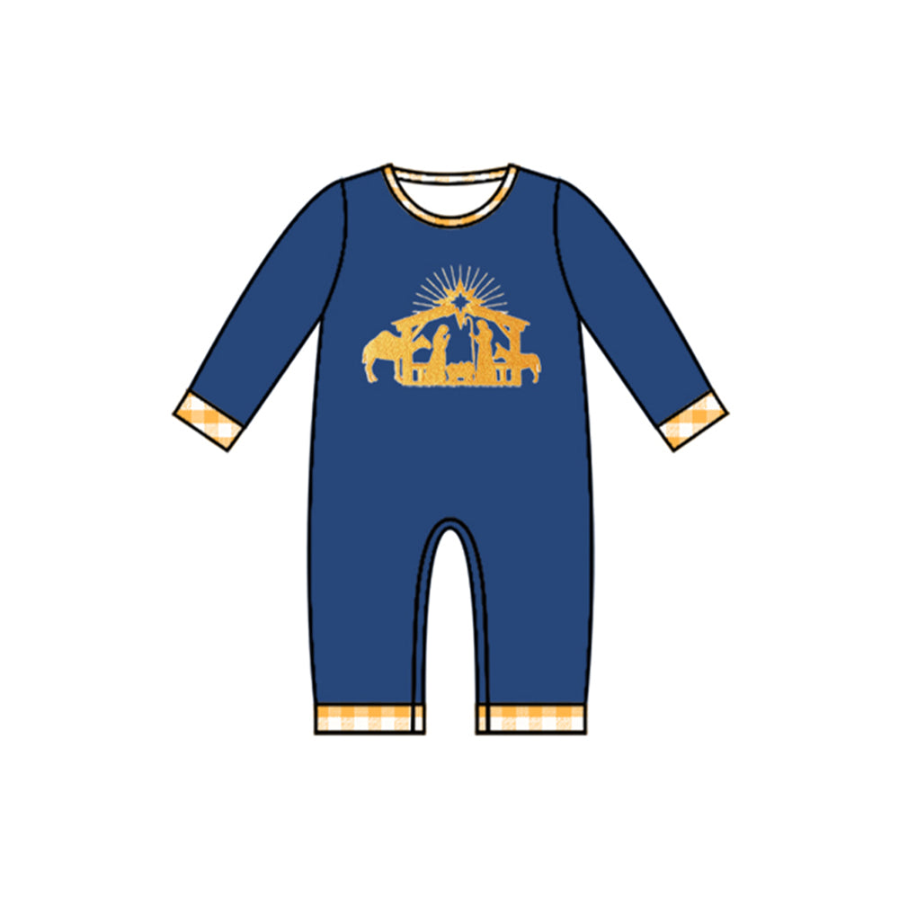 presale LR1245 Jesus Yellow Plaid Navy Blue Long Sleeve Bodysuit