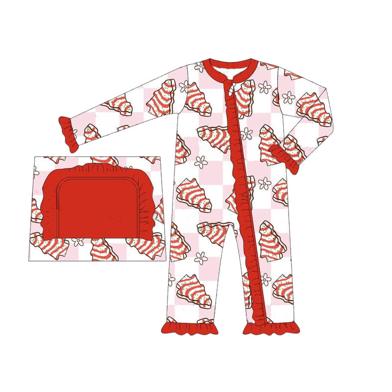 presale LR1248 Christmas tree cookie flower pink and white plaid red lace zipper long sleeve jumpsuit