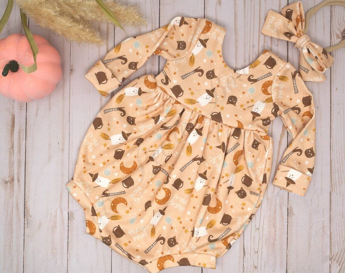 presale LR1252 Halloween Ghost Witch Hat Cat Long Sleeve Onesie Romper