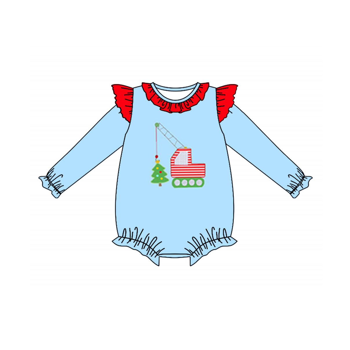 presale LR1258 Christmas Tree Construction Truck Red Lace Blue Long Sleeve Bodysuit