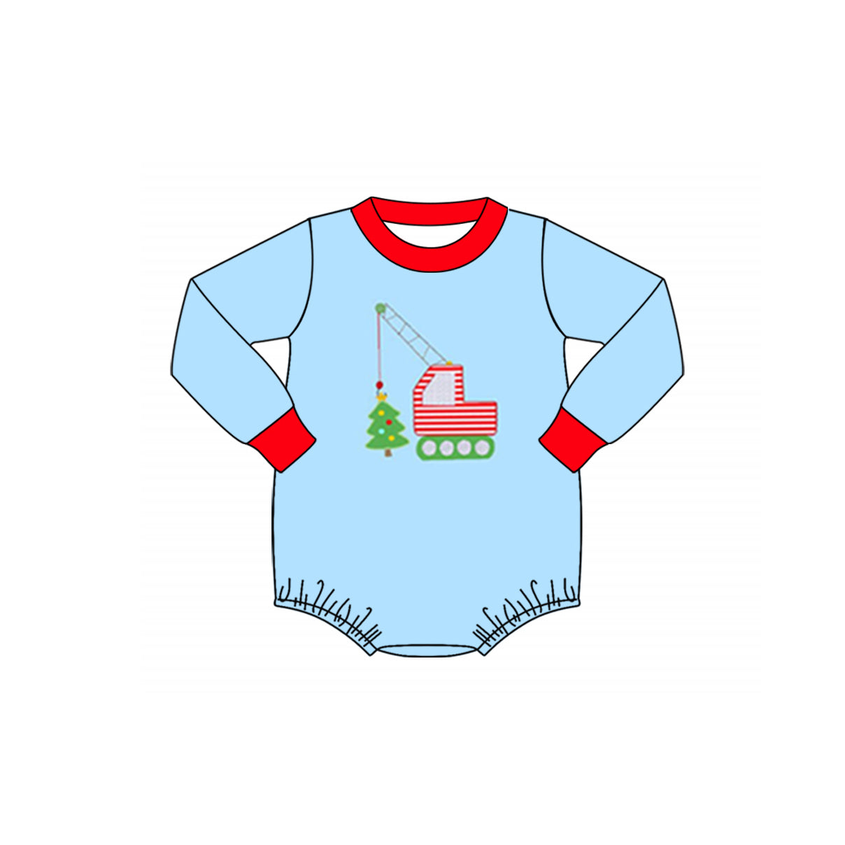 presale LR1259 Christmas Tree Construction Truck Red Trim Blue Long Sleeve Bodysuit