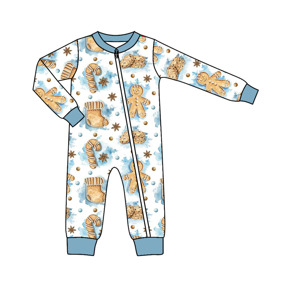 presale LR1276 Gingerbread Man Cookie Blue and White Zip-Up Long Sleeve Bodysuit