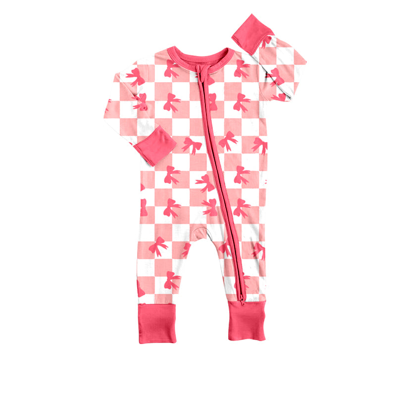 presale LR1298 Bow Pattern Plaid Pink and White Zipper Long Sleeve Bodysuit