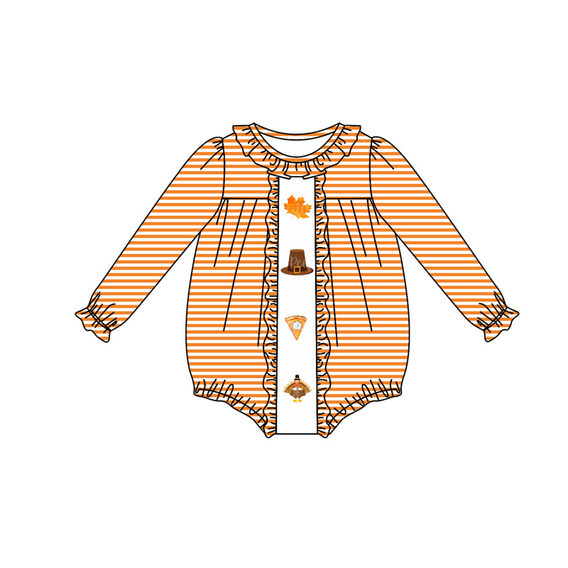 LR1300 Leaf Hat Cake Turkey Orange Stripe Lace Long Sleeve Bodysuit
