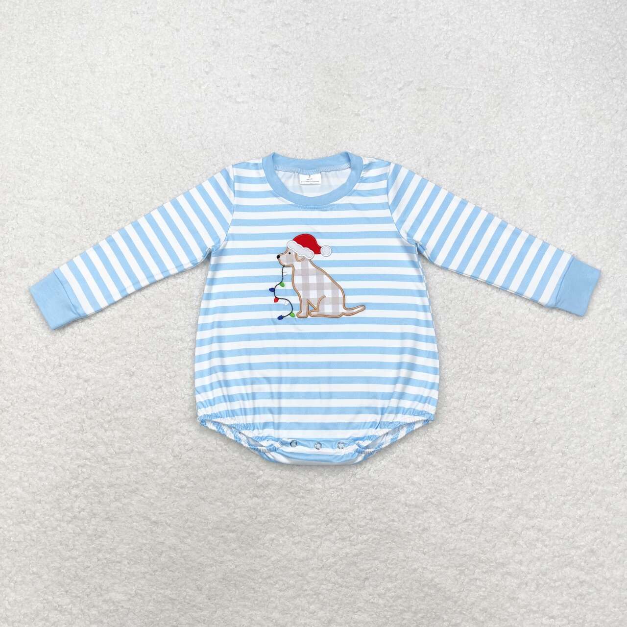 LR1307 Christmas Hat Puppy Light Stripe Blue and White Long Sleeve Onesie