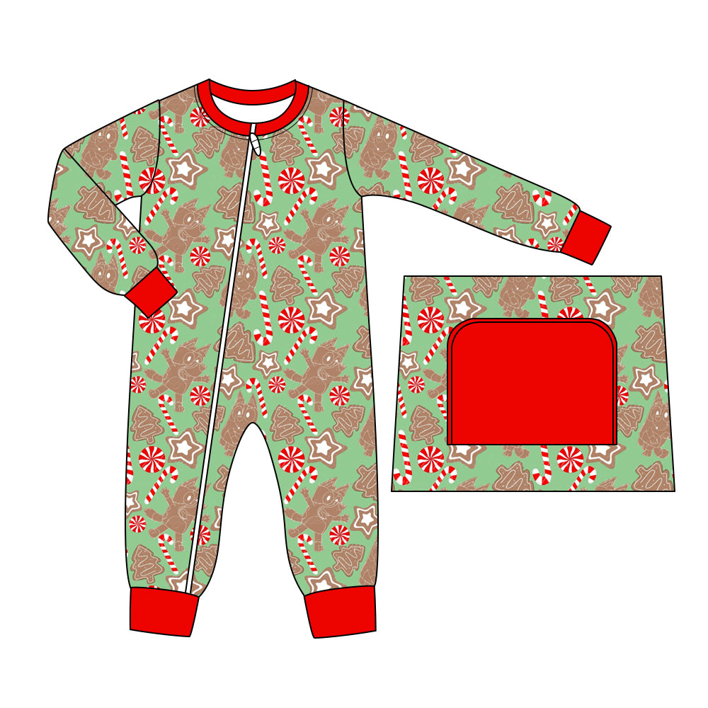 presale LR1311 Christmas Cane Red and Green Zipper Long Sleeve Bodysuit