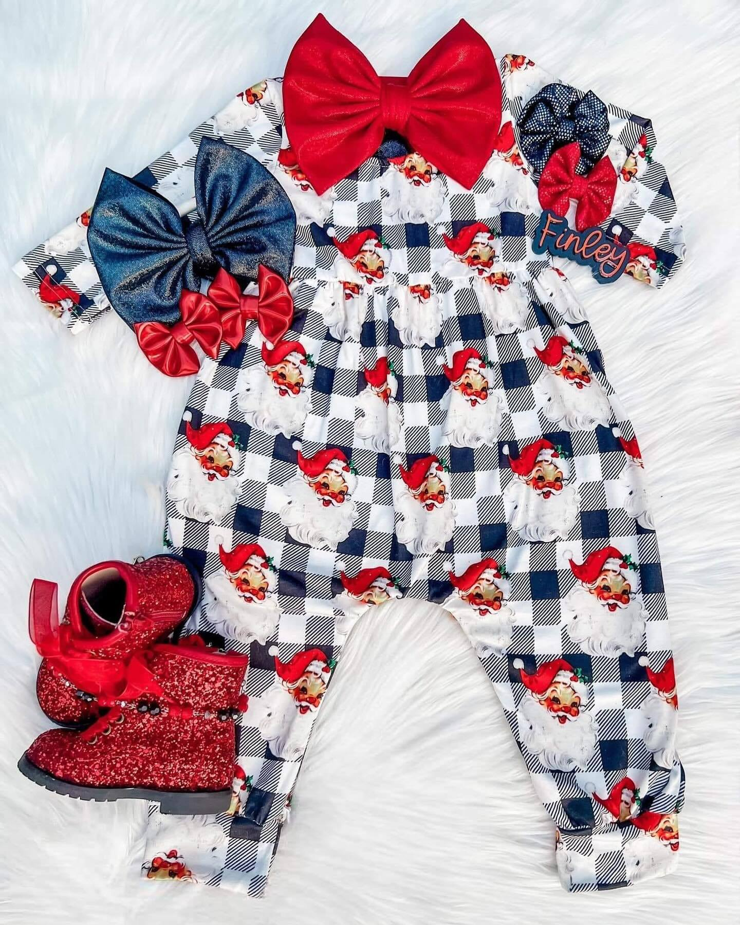 presale LR1313 Santa Plaid Long Sleeve Bodysuit