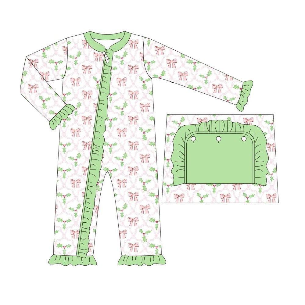 LR1344 BAMBOO Pink bow pattern leaves green lace white zipper long sleeve jumpsuit