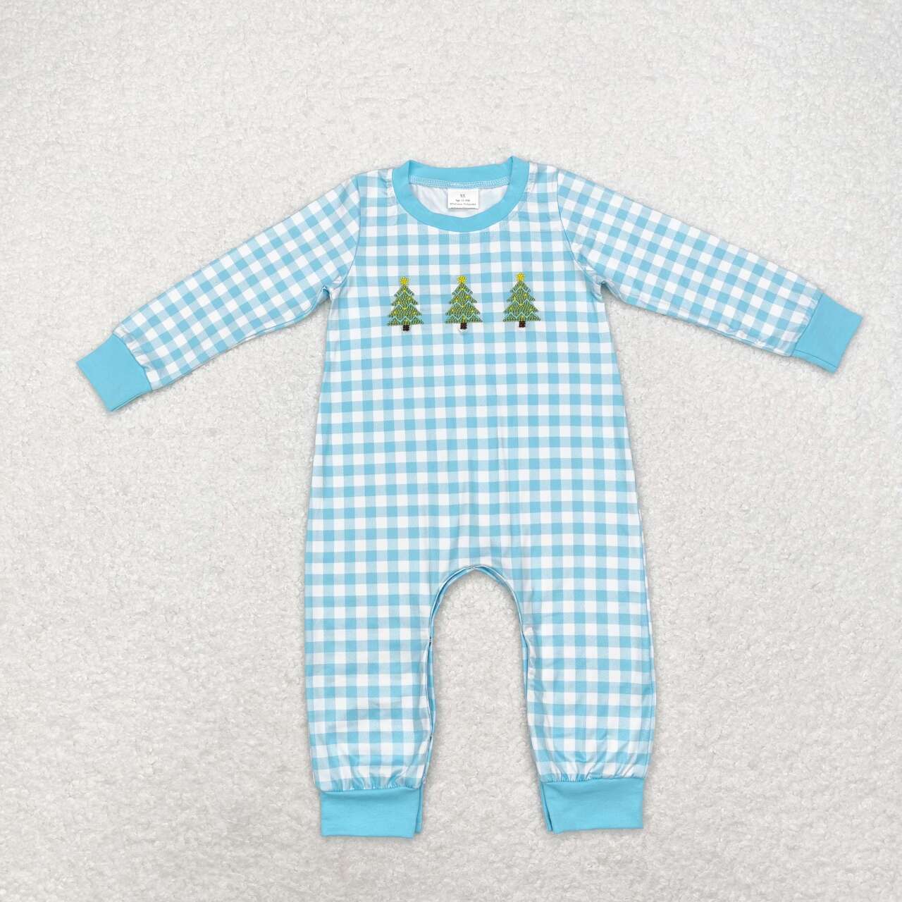 LR1366 Embroidered Star Christmas Tree Blue Plaid Long Sleeve Bodysuit