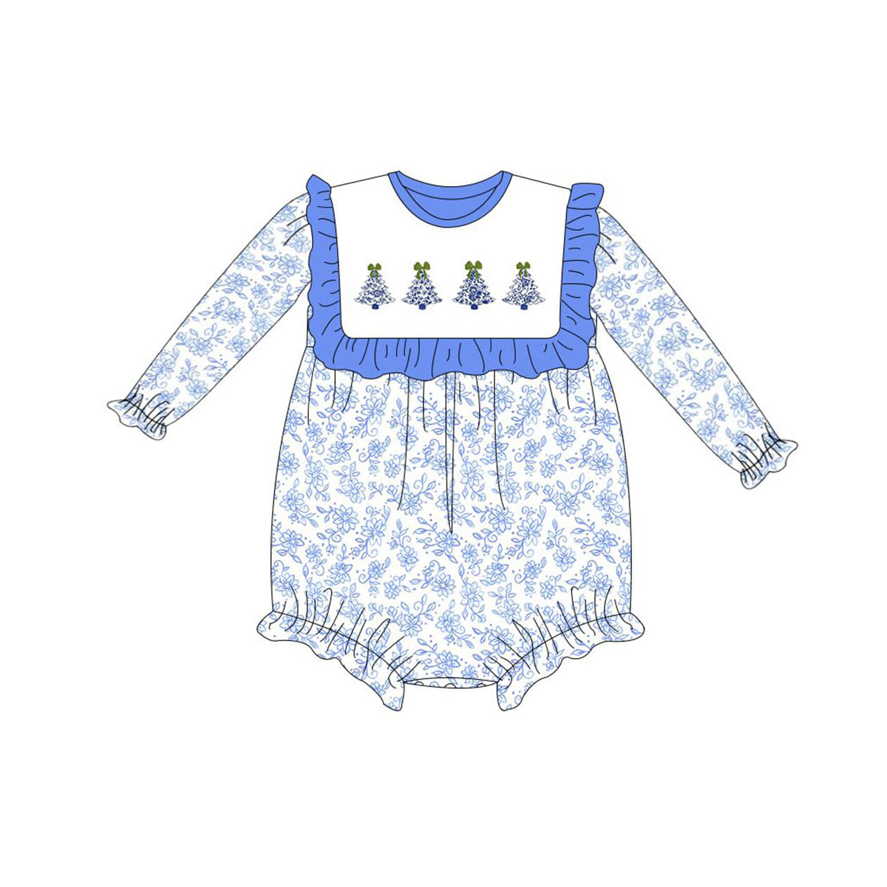 LR1374 White long-sleeved jumpsuit with Christmas tree flowers and blue lace