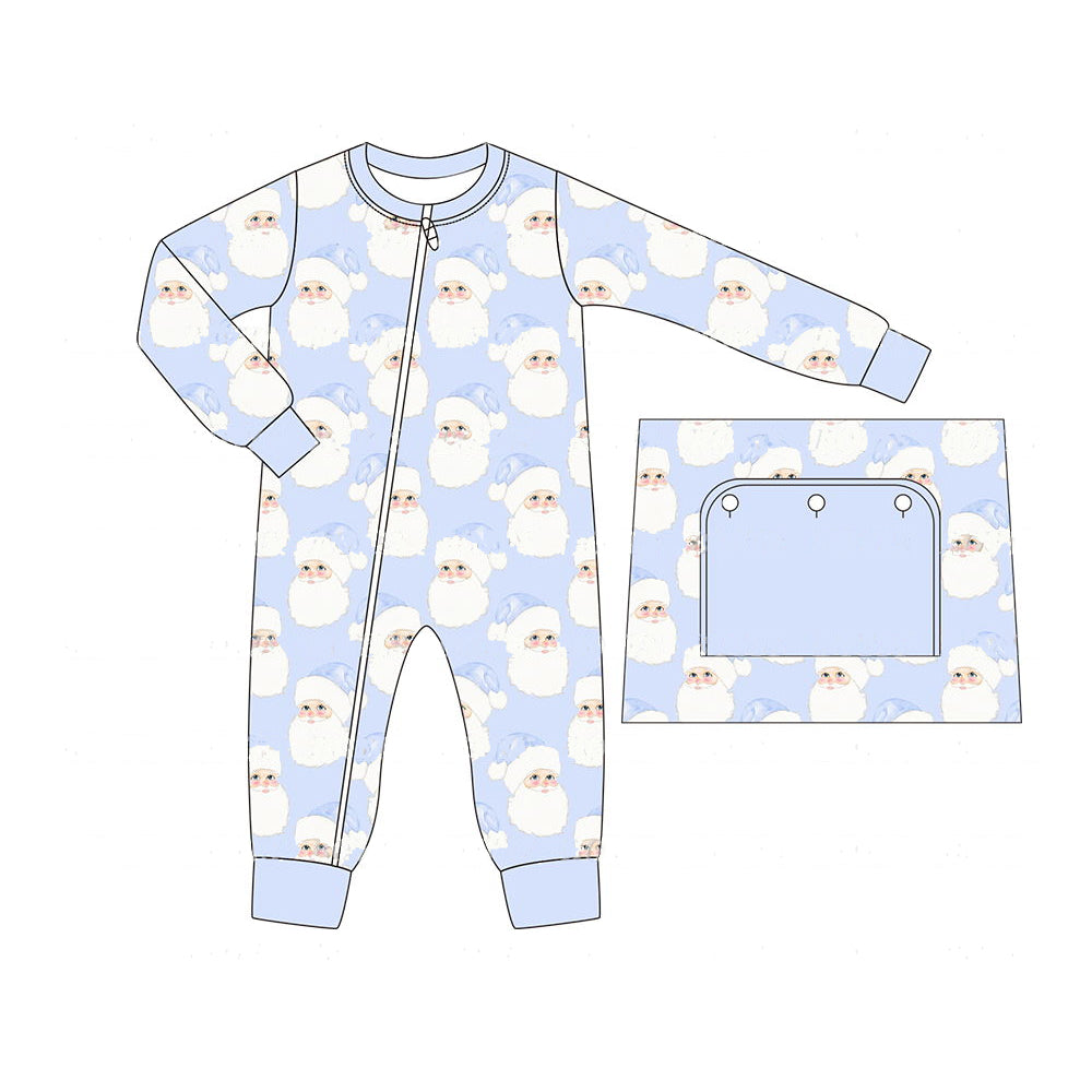 LR1415 Bamboo Santa Claus Light Blue Zipper Long Sleeve Bodysuit