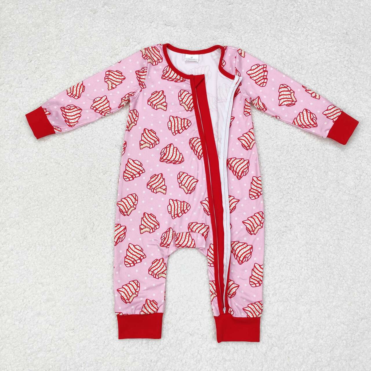 LR1428 Christmas Tree Cookie Polka Dot Pink Zipper Long Sleeve Bodysuit